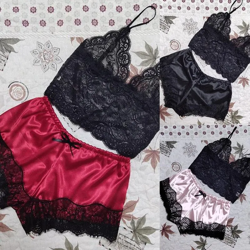 1 Set Women's Lace Nachtkleding Lingerie Tops Shorts Set