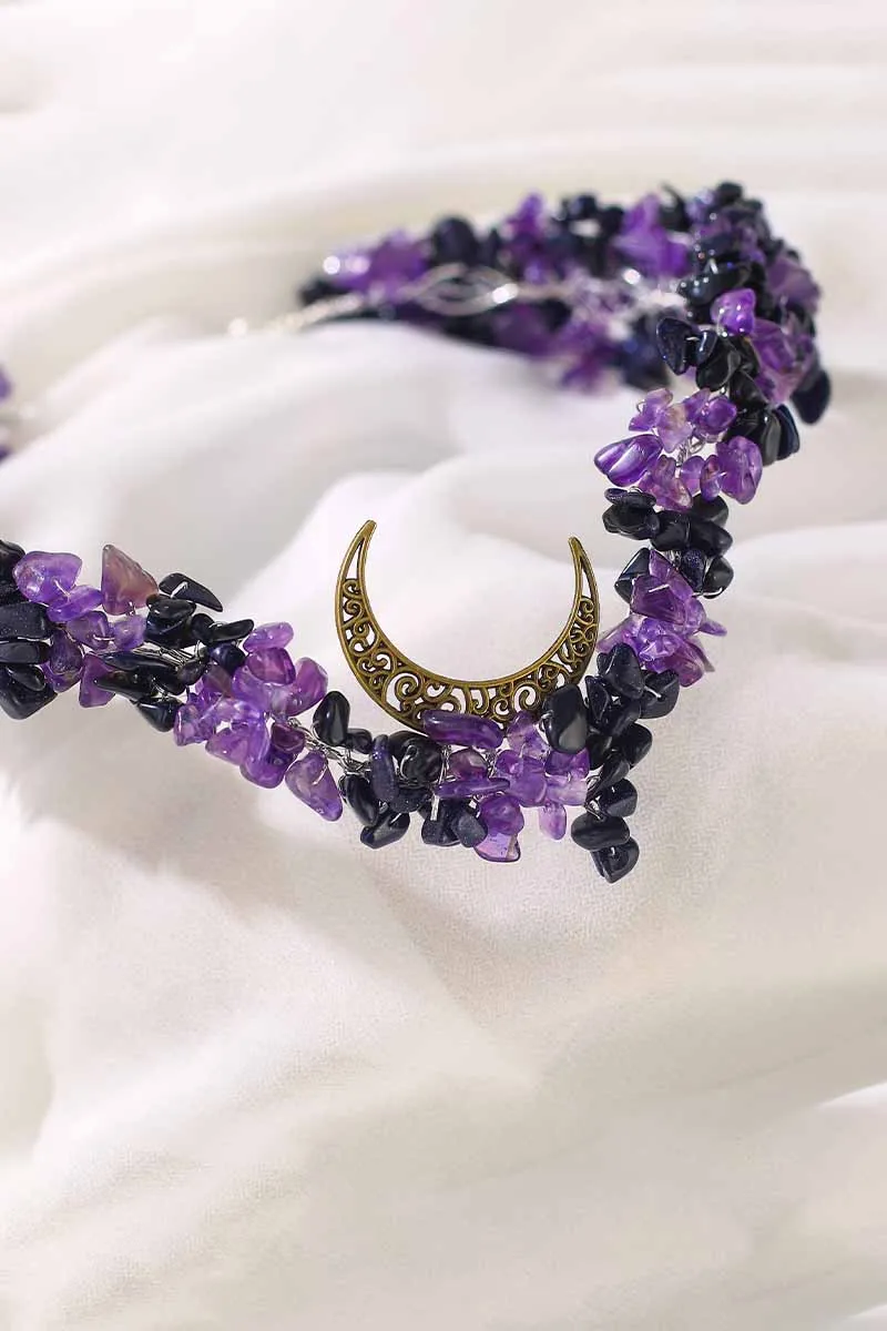 2025 Purple Crystal Raw Stone Bridal Handmade Moon Crown
