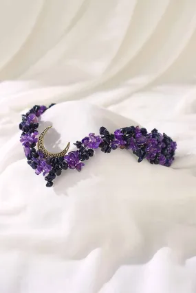 2025 Purple Crystal Raw Stone Bridal Handmade Moon Crown