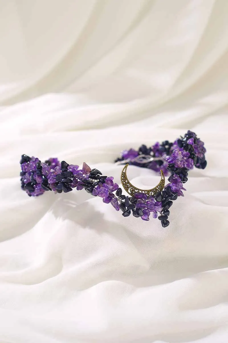 2025 Purple Crystal Raw Stone Bridal Handmade Moon Crown