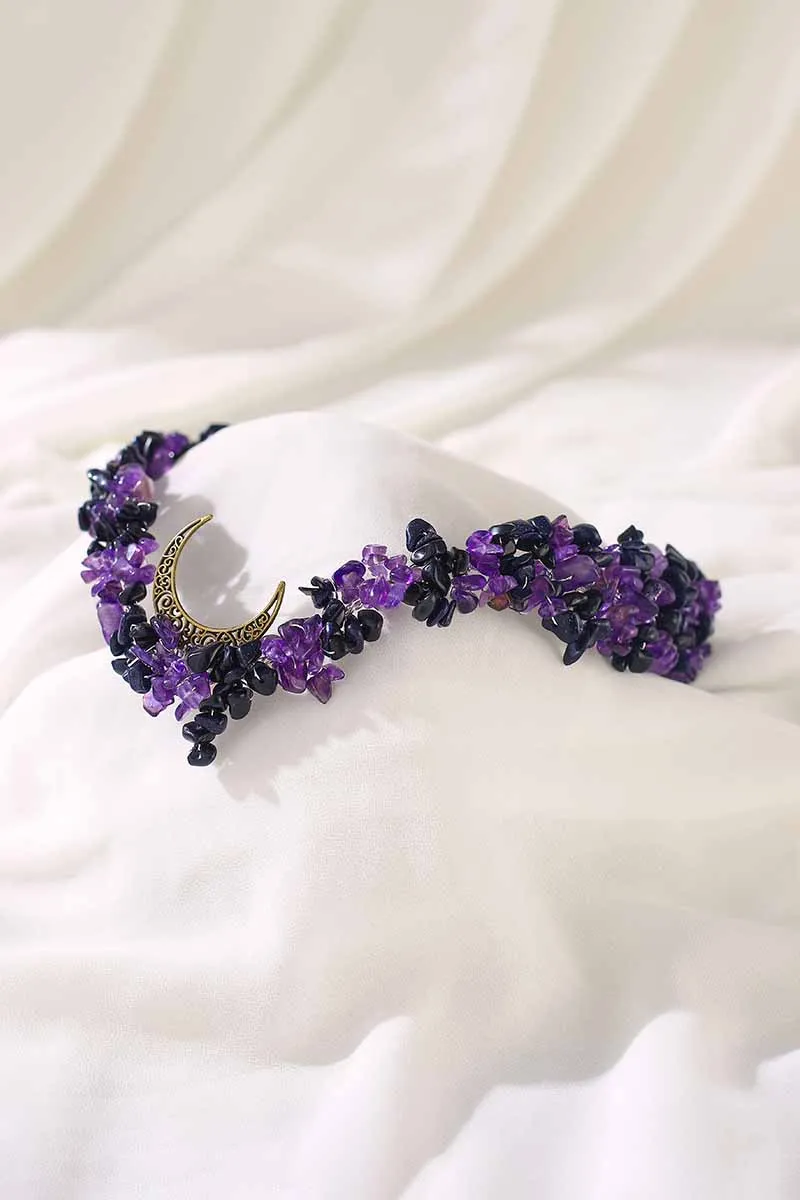 2025 Purple Crystal Raw Stone Bridal Handmade Moon Crown
