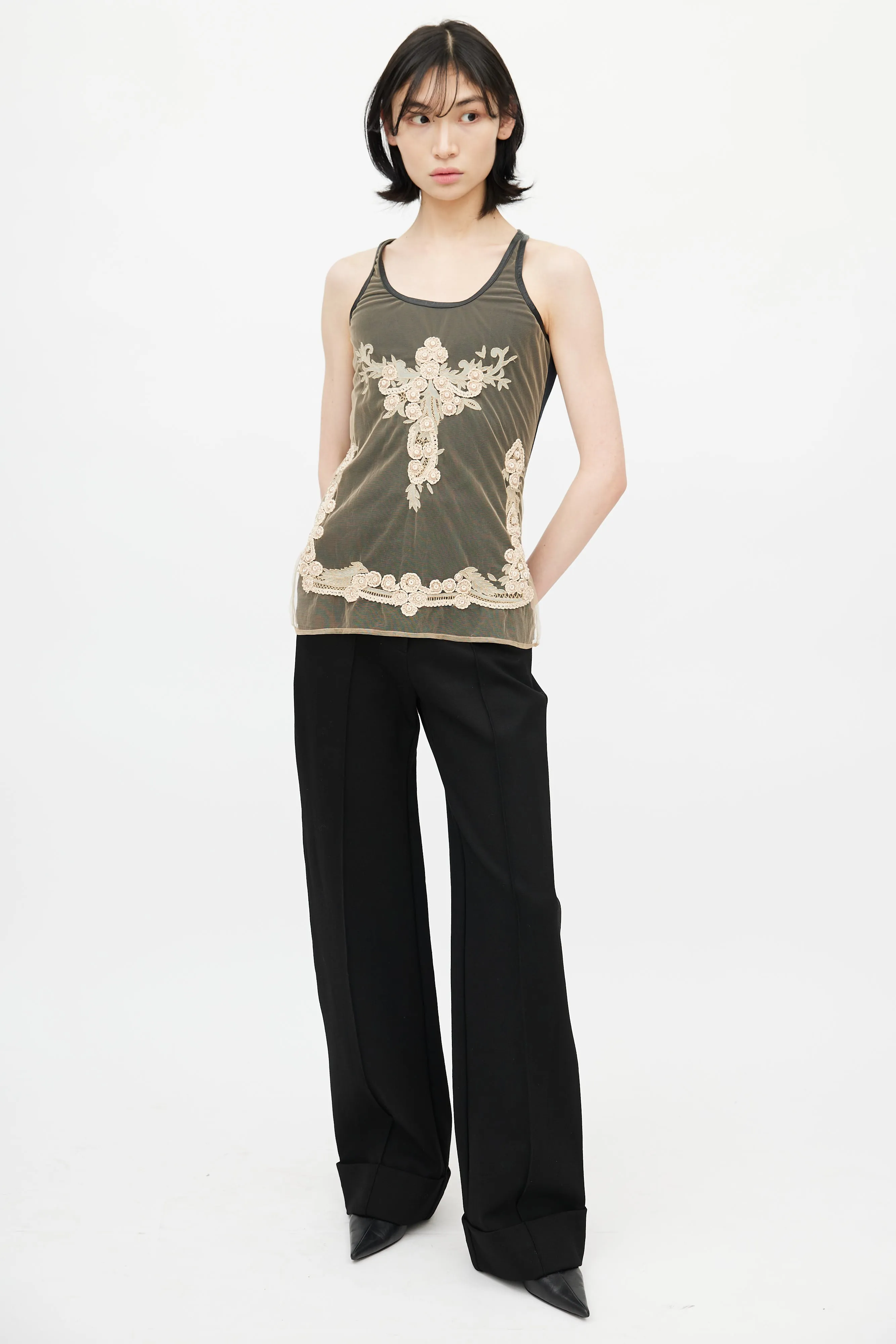 Black & Beige Mesh Embroidery Tank