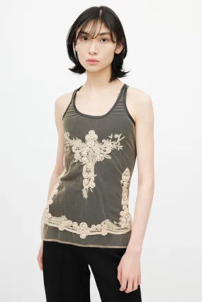 Black & Beige Mesh Embroidery Tank