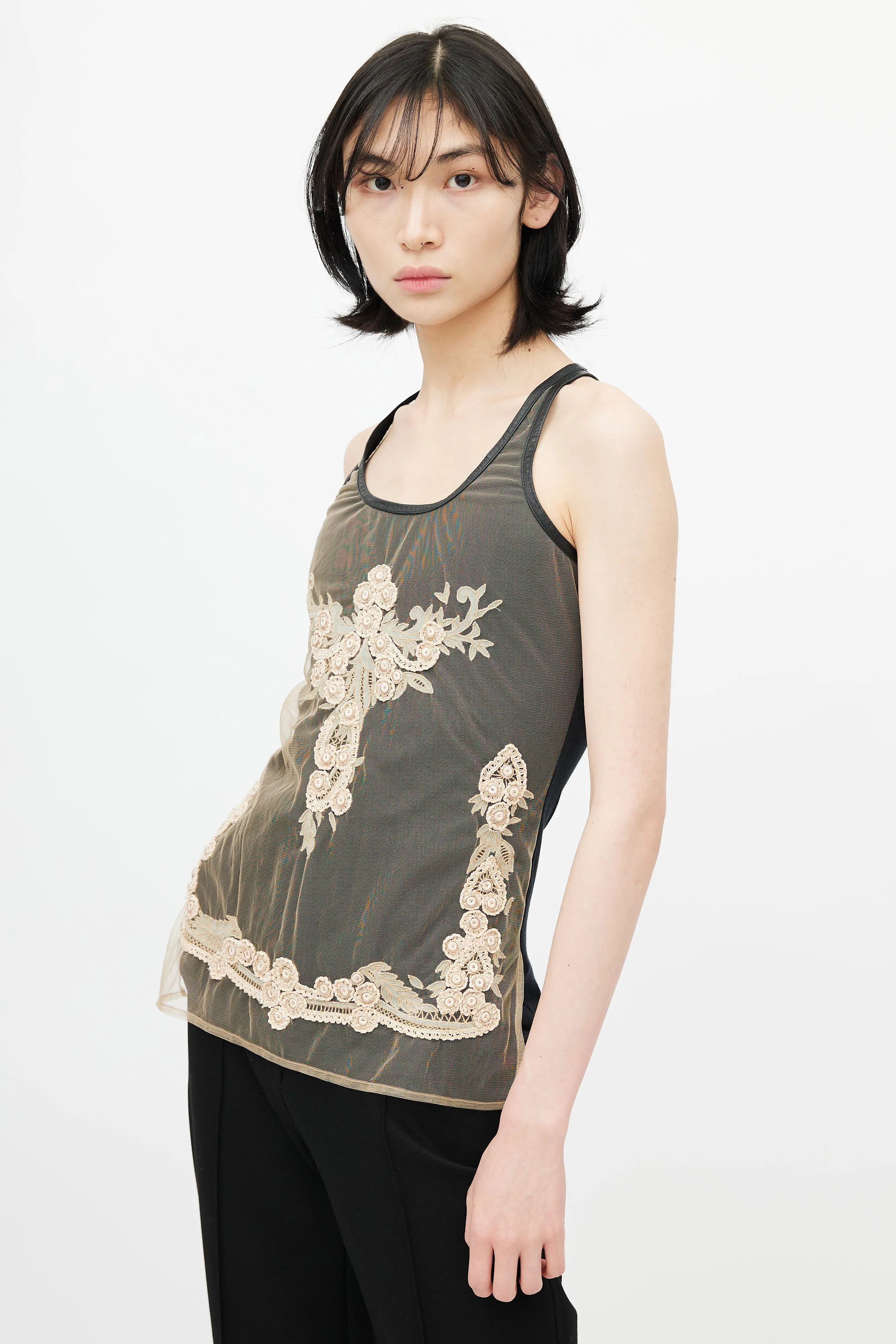 Black & Beige Mesh Embroidery Tank