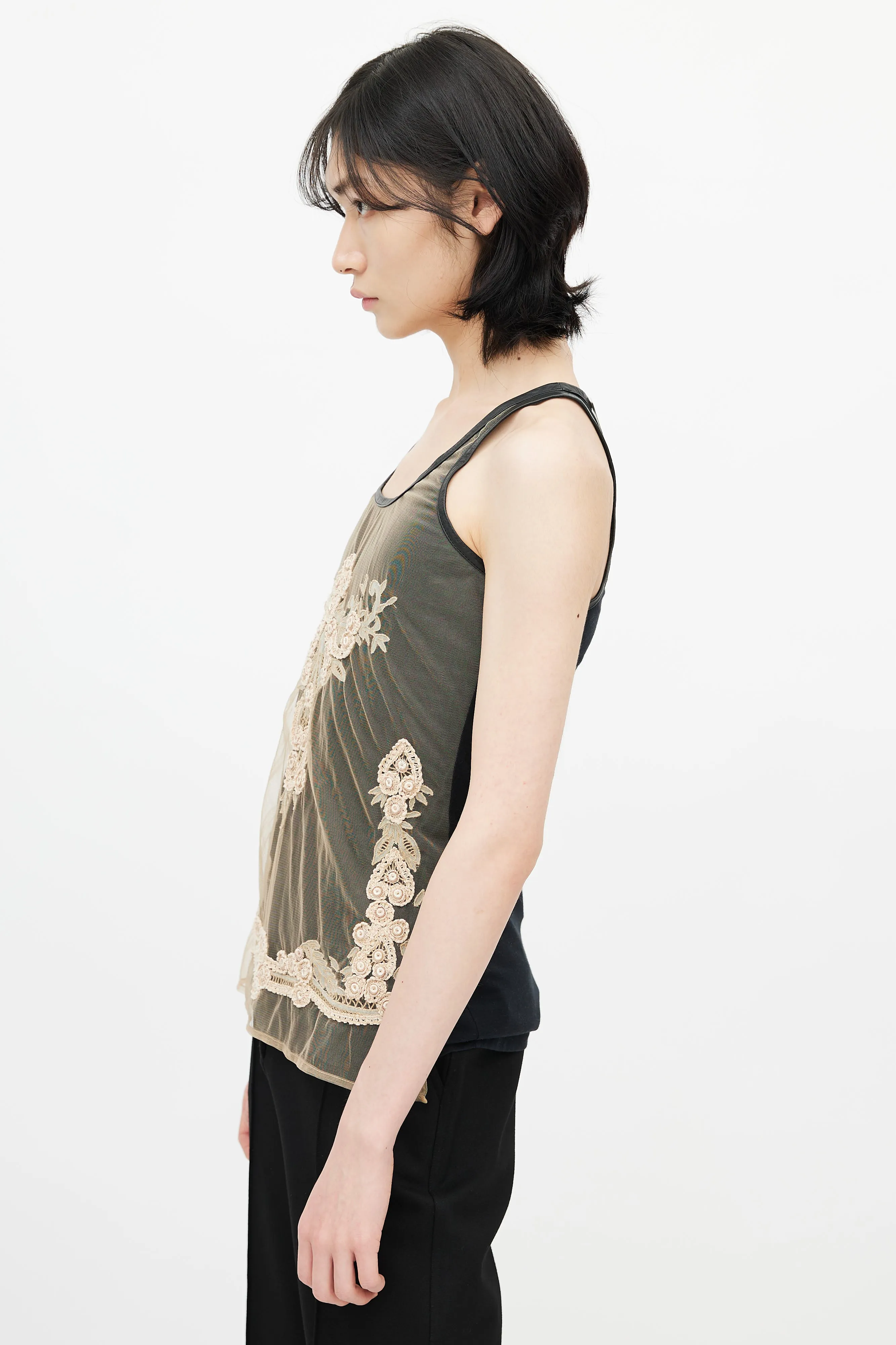 Black & Beige Mesh Embroidery Tank