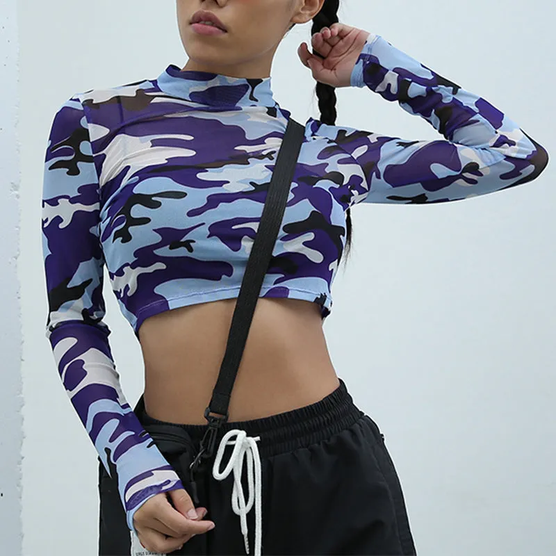 Blue Camouflage Mesh Top
