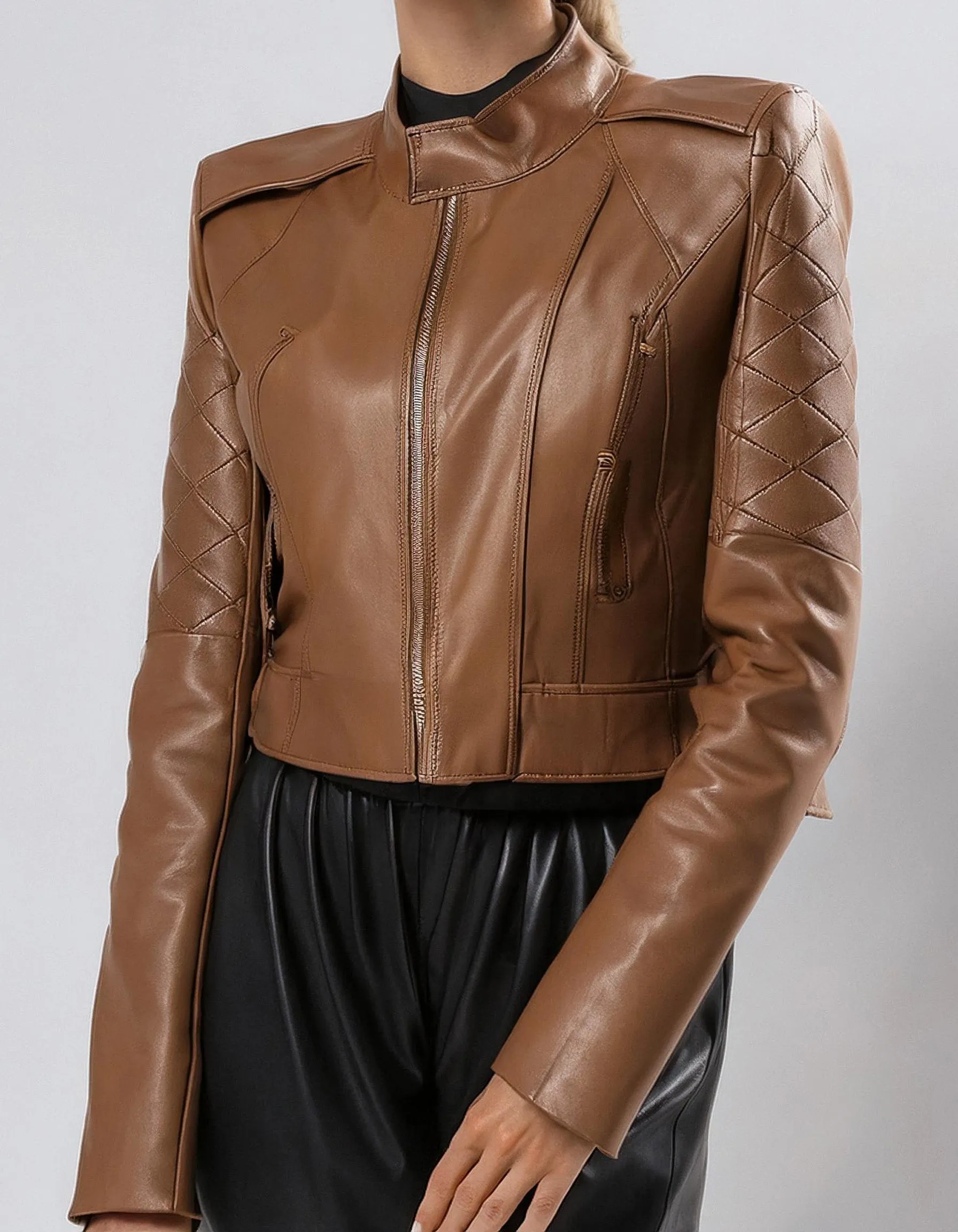 Cognac Brown Zip-Up Leather Jacket