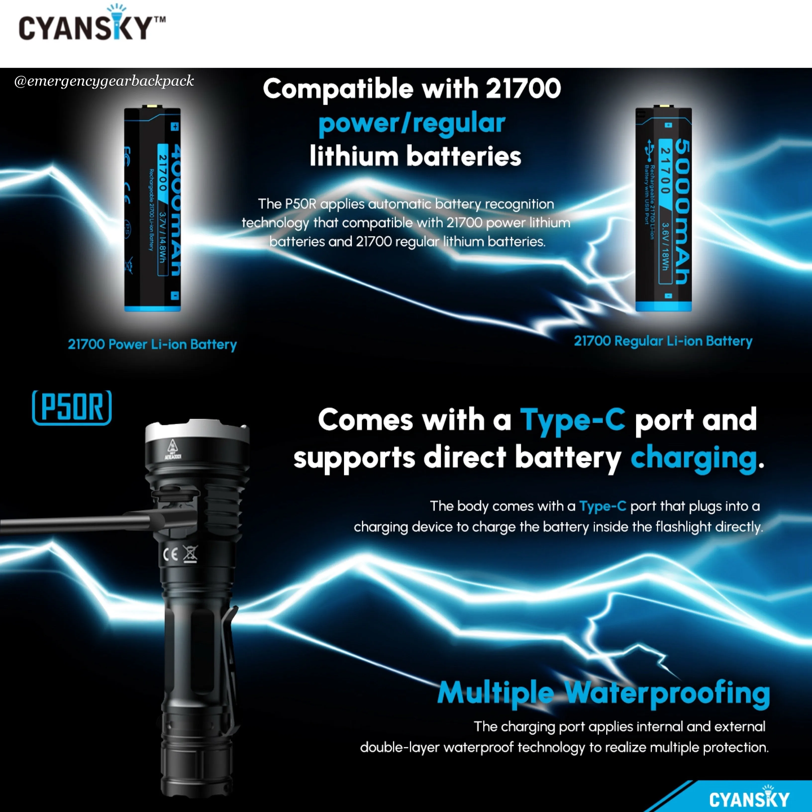 Cyansky P50R High Performance Outdoor Flashlight 12000 Lumens 328M