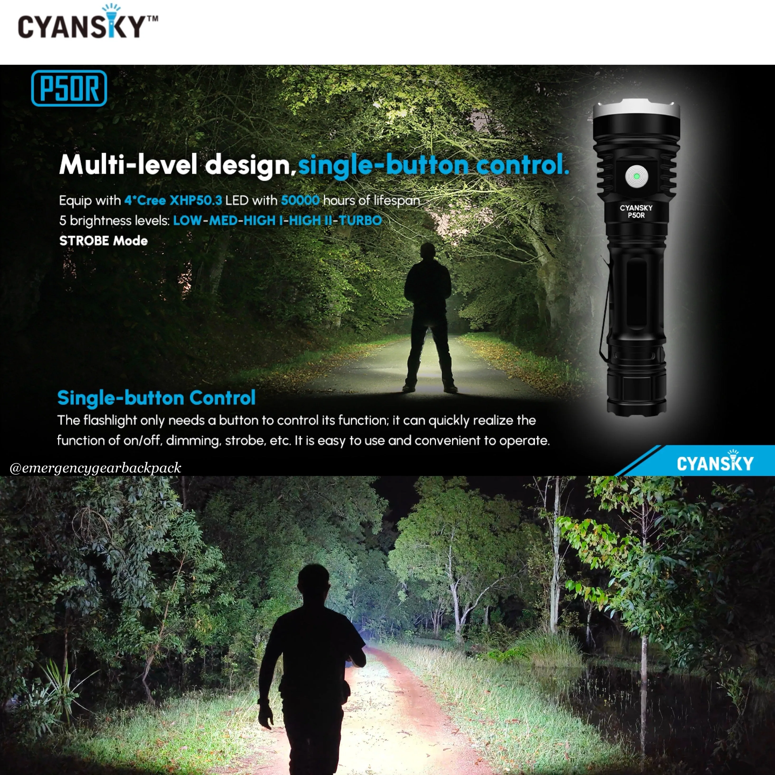 Cyansky P50R High Performance Outdoor Flashlight 12000 Lumens 328M
