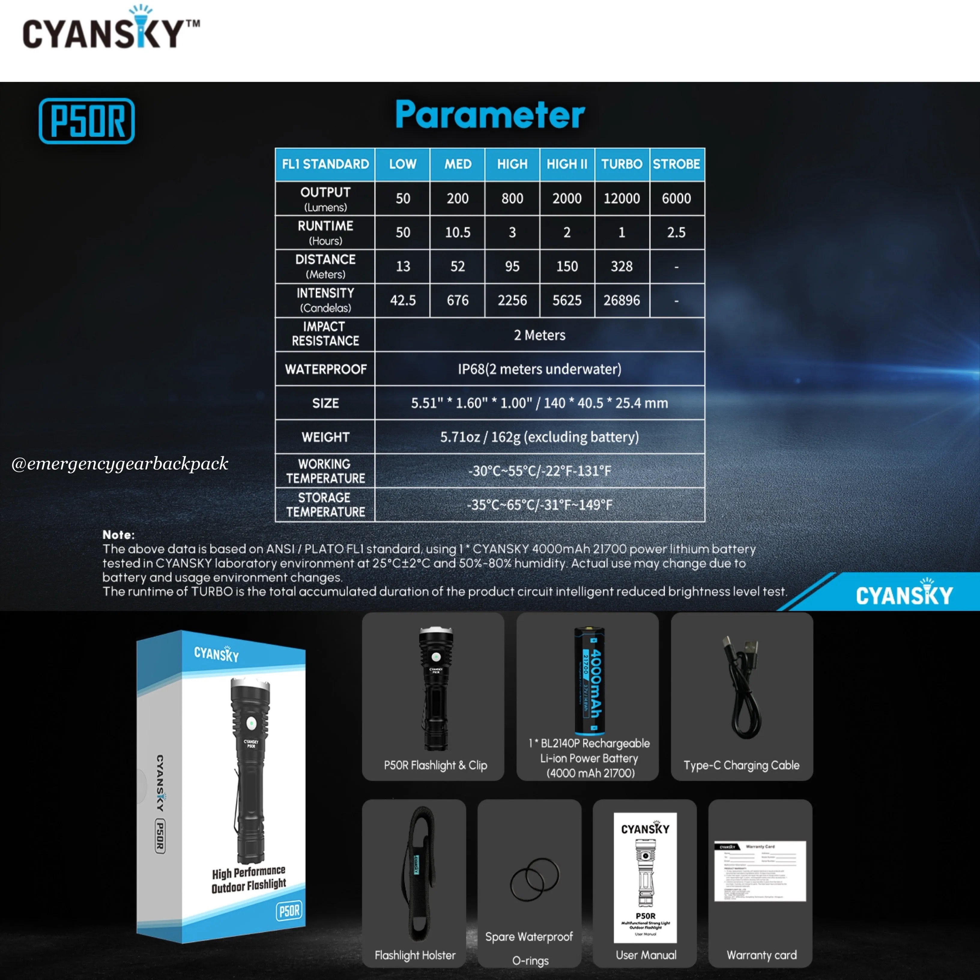 Cyansky P50R High Performance Outdoor Flashlight 12000 Lumens 328M