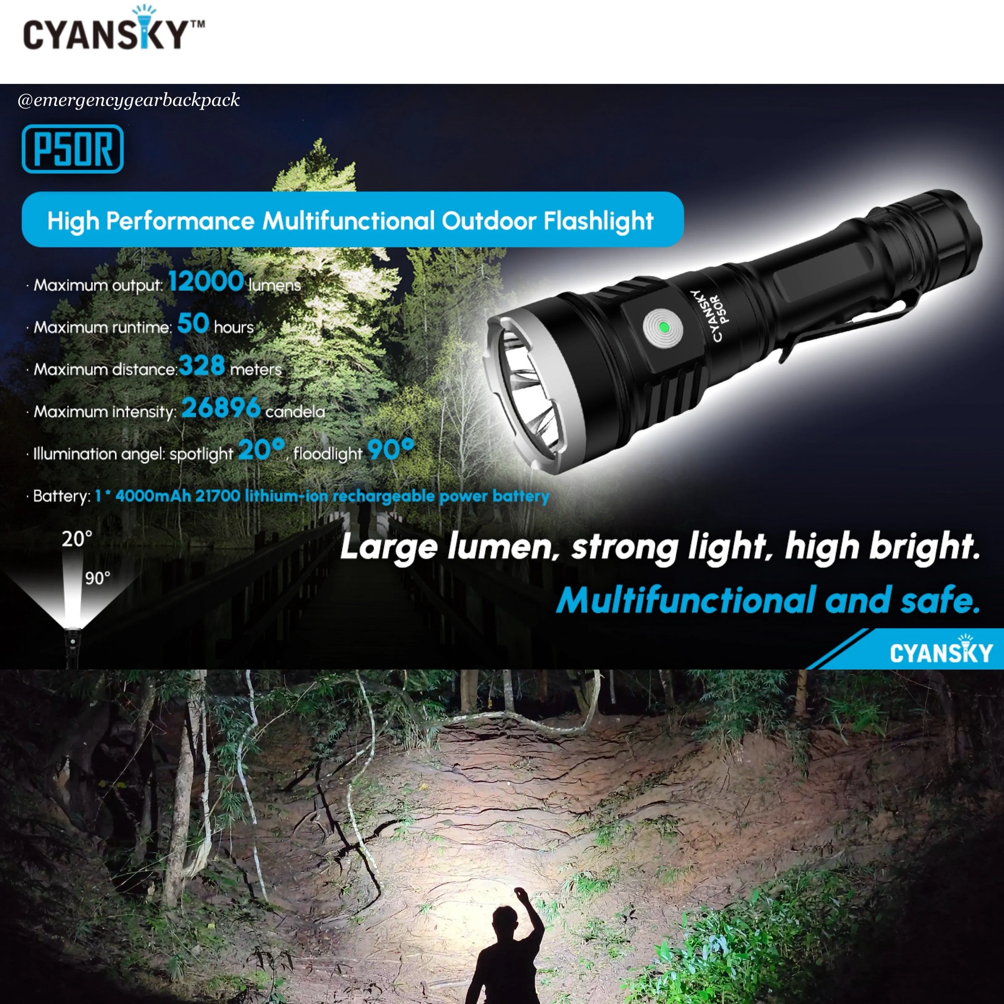 Cyansky P50R High Performance Outdoor Flashlight 12000 Lumens 328M