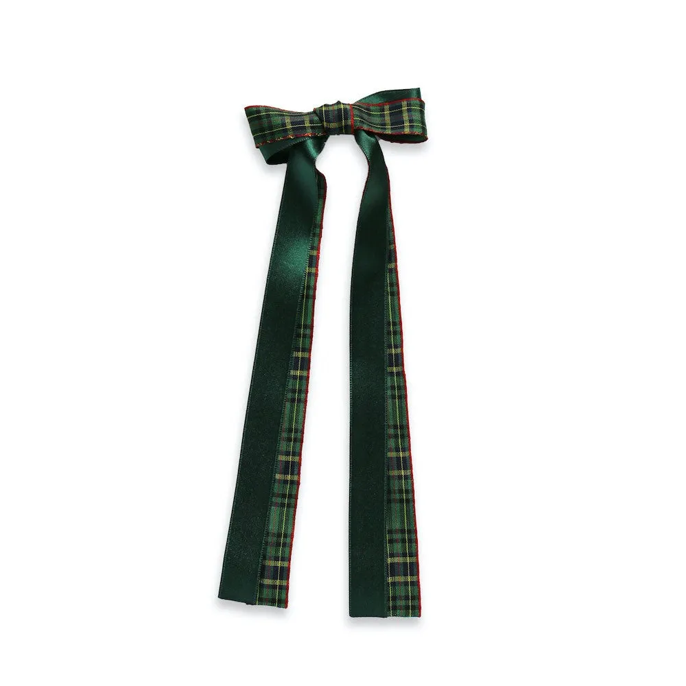 Eva's House Girls Double Bow on Snap Clip - Satin - 9 inch Streamers - Green & Blackwatch Plaid