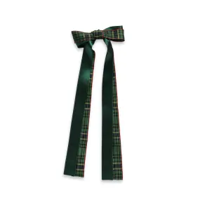 Eva's House Girls Double Bow on Snap Clip - Satin - 9 inch Streamers - Green & Blackwatch Plaid