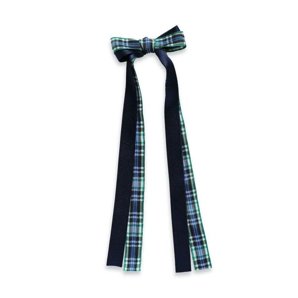 Eva's House Girls Double Bow on Snap Clip - Satin - 9 inch Streamers - Navy Blue & Blackwatch Plaid