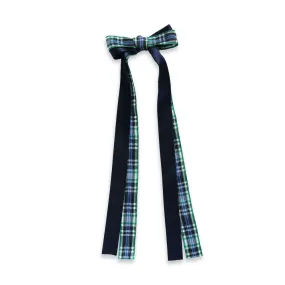 Eva's House Girls Double Bow on Snap Clip - Satin - 9 inch Streamers - Navy Blue & Blackwatch Plaid