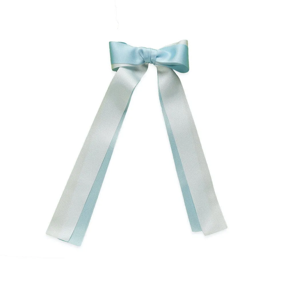 Eva's House Girls Double Grosgrain Hair Bow with Streamers - Blue & White