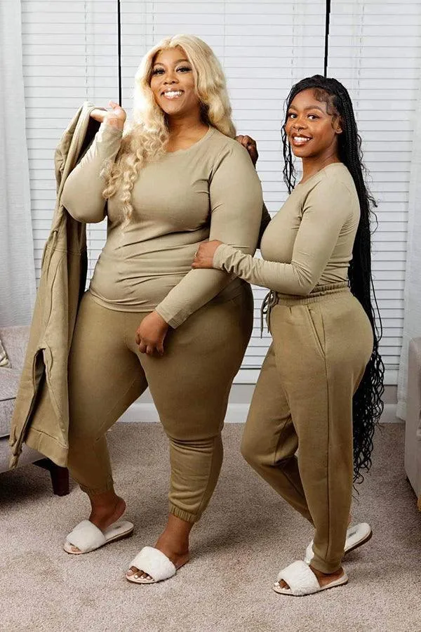 LET’S GET COMFY PLUS SIZE JOGGER PANT LOUNGEWEAR SET- KHAKI, BONE, ALMOND, CARAMEL
