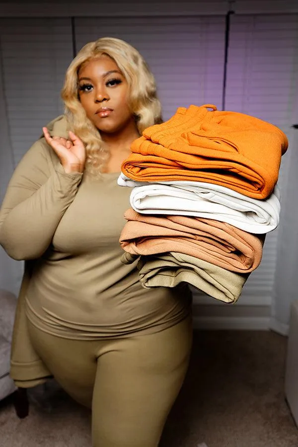 LET’S GET COMFY PLUS SIZE JOGGER PANT LOUNGEWEAR SET- KHAKI, BONE, ALMOND, CARAMEL
