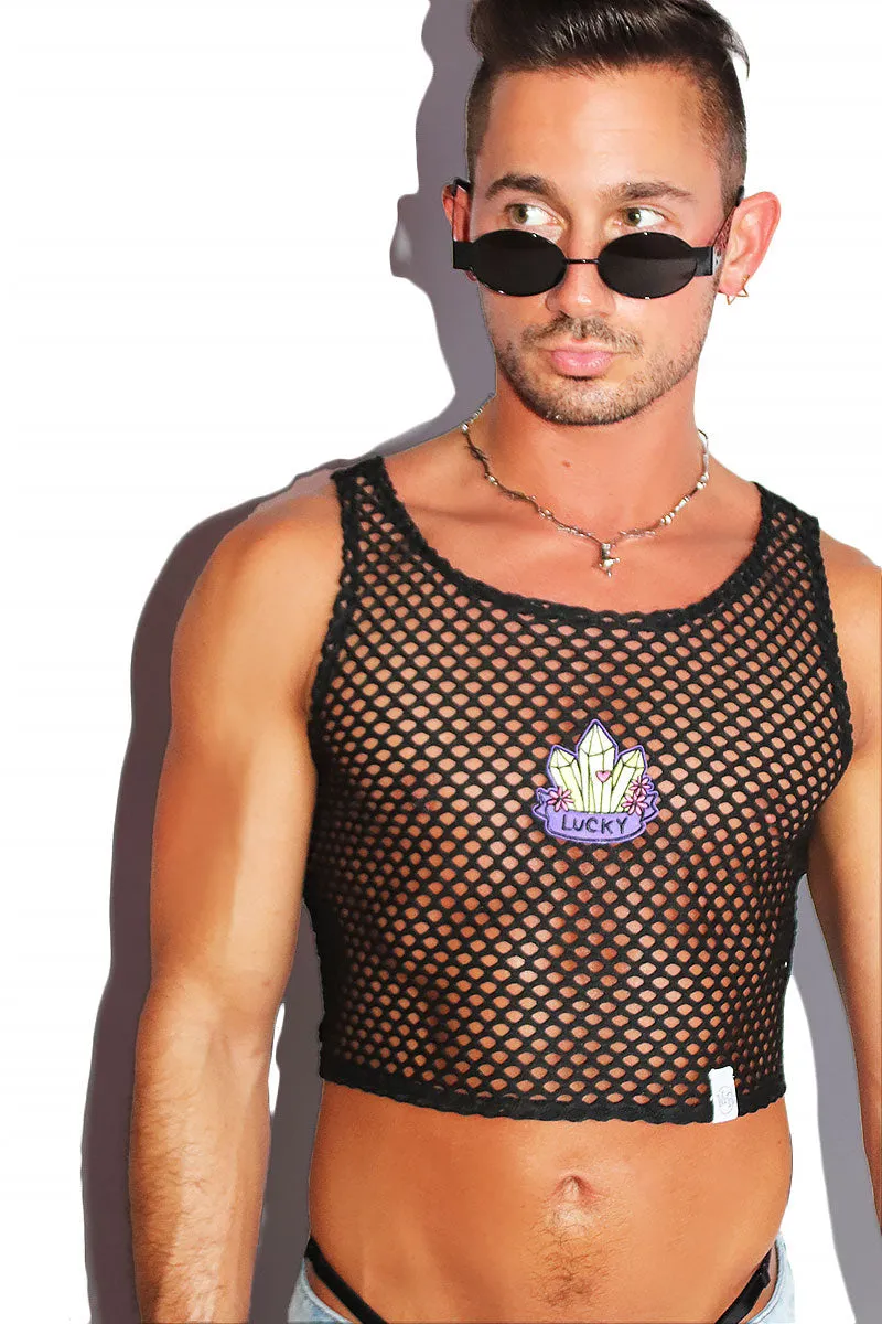 Luck Manifestation Mesh Crop Racerback Tank-  Black