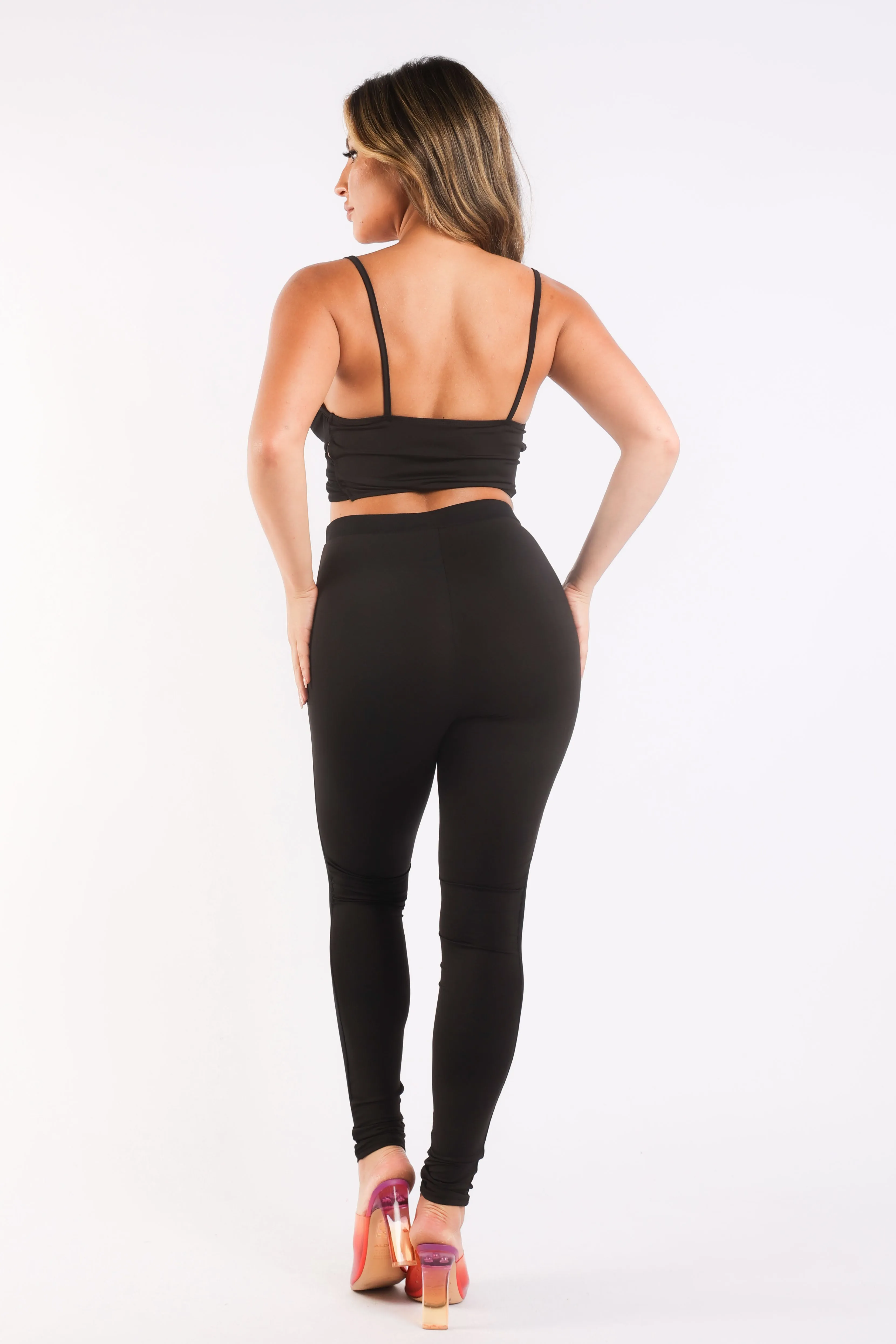 Mesh Contrast Sets Casual Sports Strappy Sleeve Top & Leggings Black