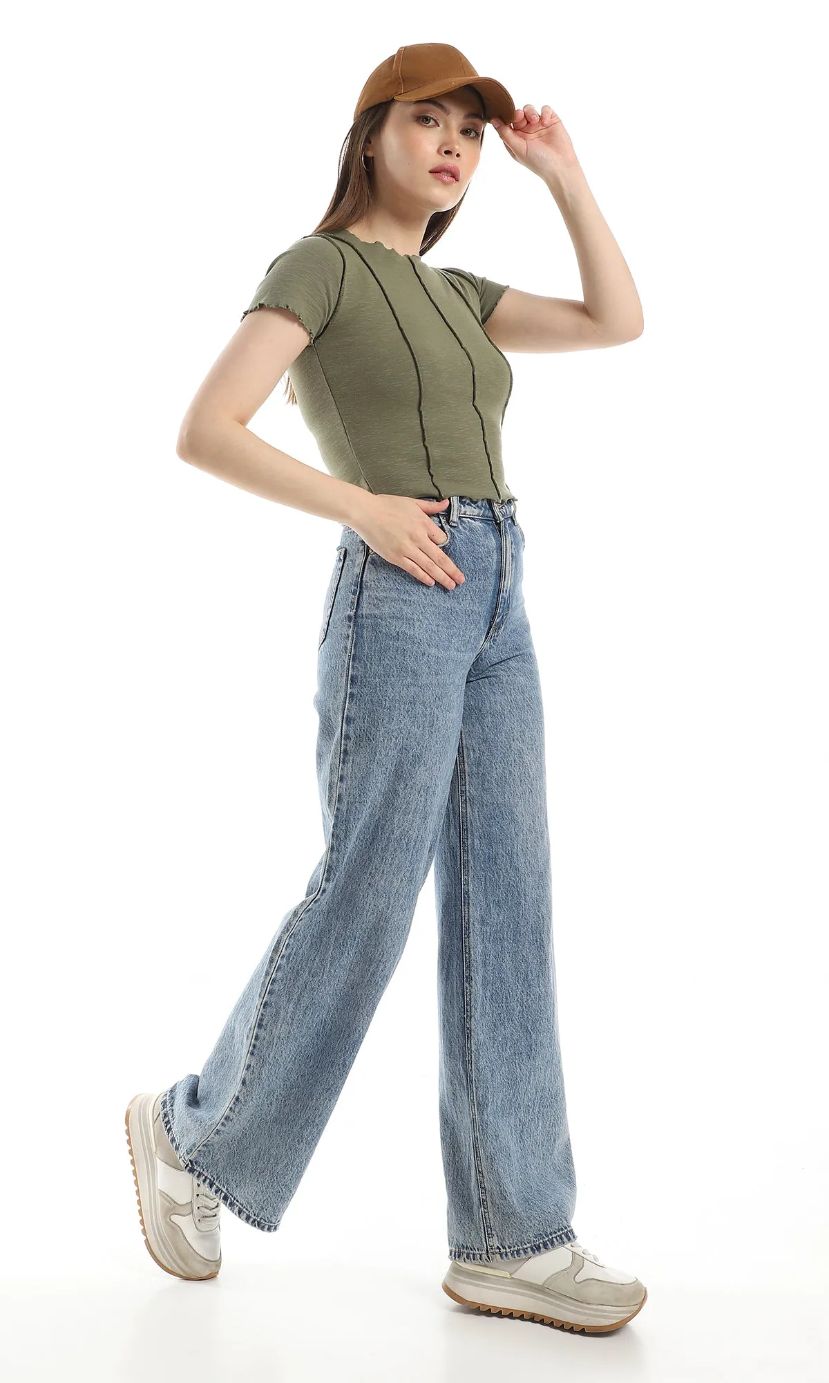 o164635-slip-on-summer-cotton-cap-sleeves-t-shirt-olive-women-short-sleeve-t-shirt