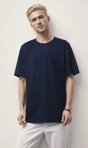 O180764 Elbow-Sleeves Crew Neck Navy Blue Tee O180764 Elbow-Sleeves Crew Neck Navy Blue Tee