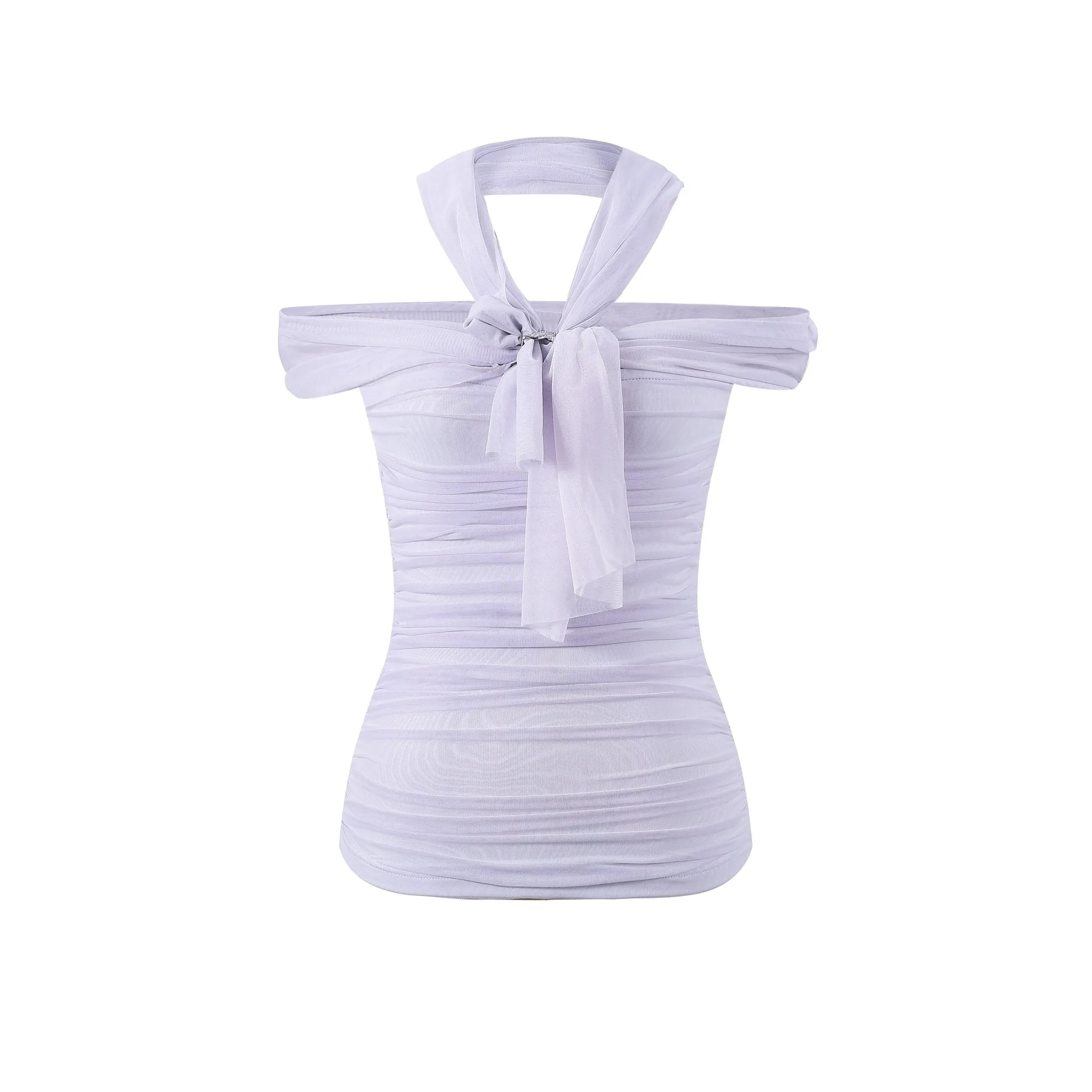 Purple Mesh Removable Neckline One-Shoulder Top