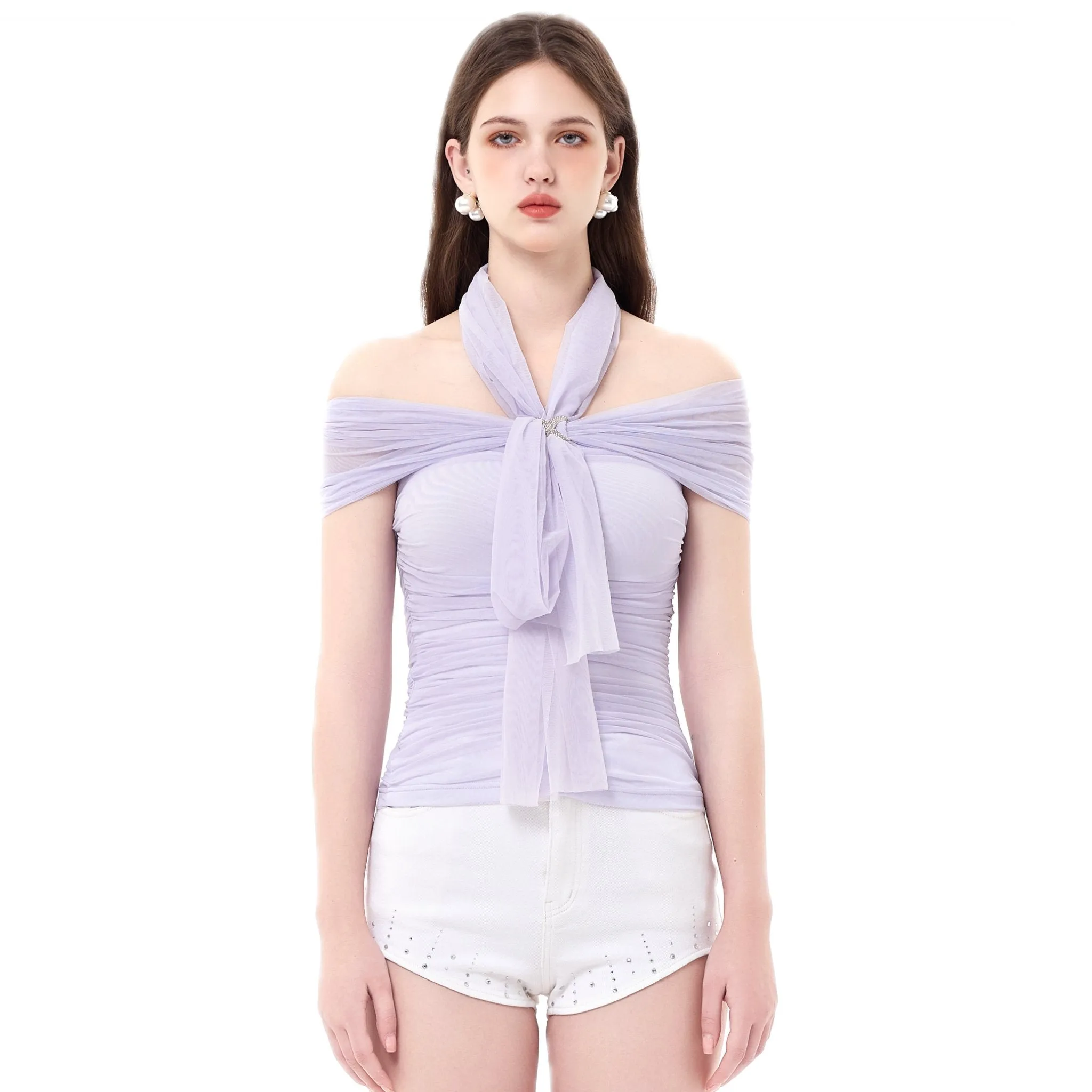 Purple Mesh Removable Neckline One-Shoulder Top