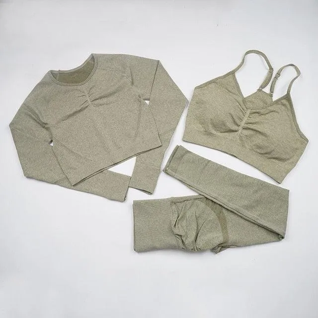Seamless  Women Long Sleeve Crop Top High Waist Leggings  Bra Yoga Sets