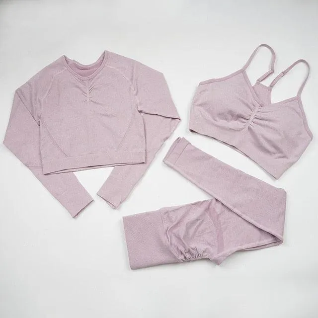 Seamless  Women Long Sleeve Crop Top High Waist Leggings  Bra Yoga Sets