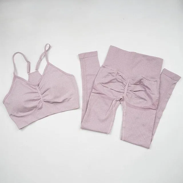 Seamless  Women Long Sleeve Crop Top High Waist Leggings  Bra Yoga Sets