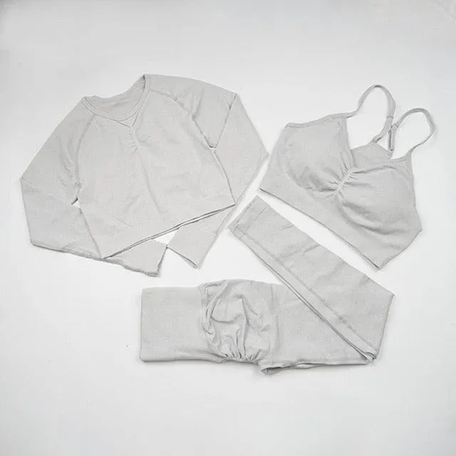 Seamless  Women Long Sleeve Crop Top High Waist Leggings  Bra Yoga Sets