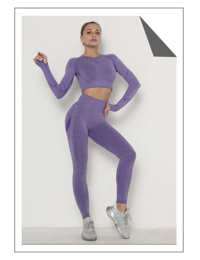 Seamless  Women Long Sleeve Crop Top High Waist Leggings  Bra Yoga Sets