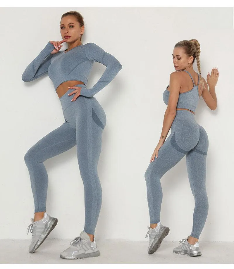 Seamless  Women Long Sleeve Crop Top High Waist Leggings  Bra Yoga Sets