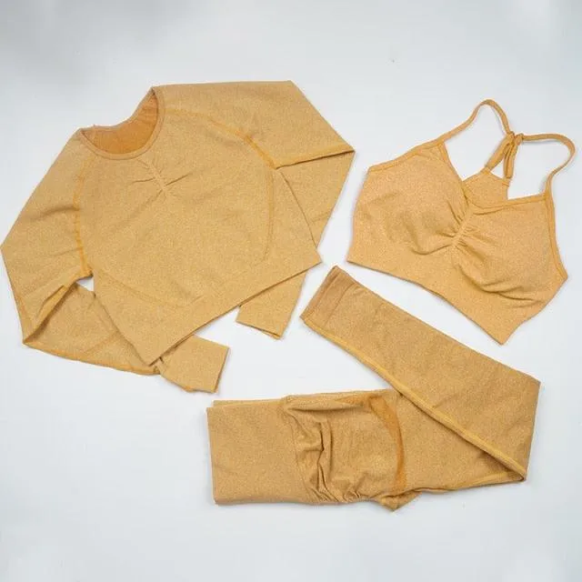 Seamless  Women Long Sleeve Crop Top High Waist Leggings  Bra Yoga Sets