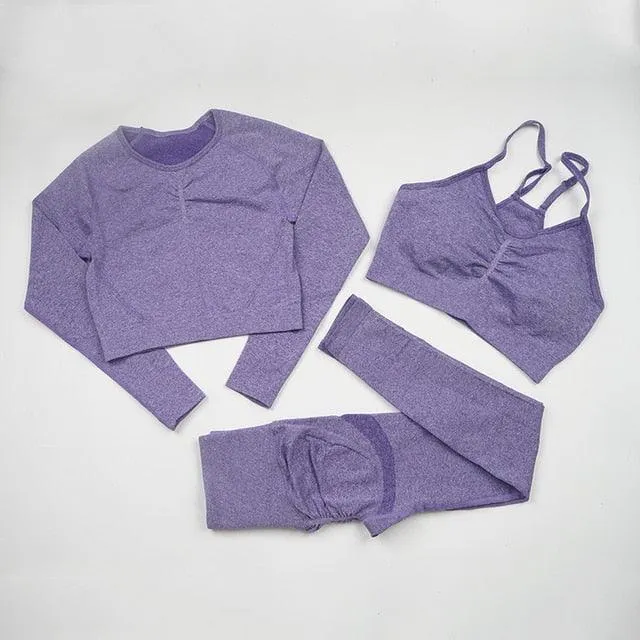 Seamless  Women Long Sleeve Crop Top High Waist Leggings  Bra Yoga Sets