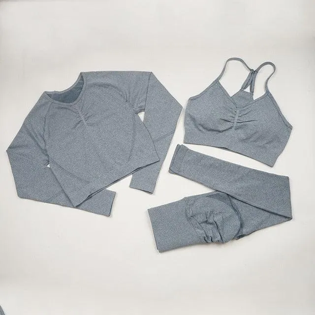 Seamless  Women Long Sleeve Crop Top High Waist Leggings  Bra Yoga Sets