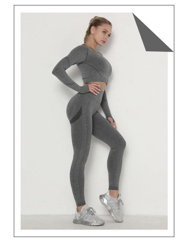 Seamless  Women Long Sleeve Crop Top High Waist Leggings  Bra Yoga Sets