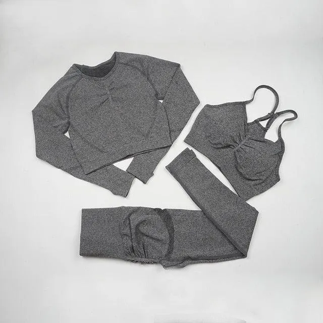 Seamless  Women Long Sleeve Crop Top High Waist Leggings  Bra Yoga Sets