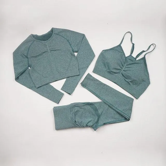 Seamless  Women Long Sleeve Crop Top High Waist Leggings  Bra Yoga Sets