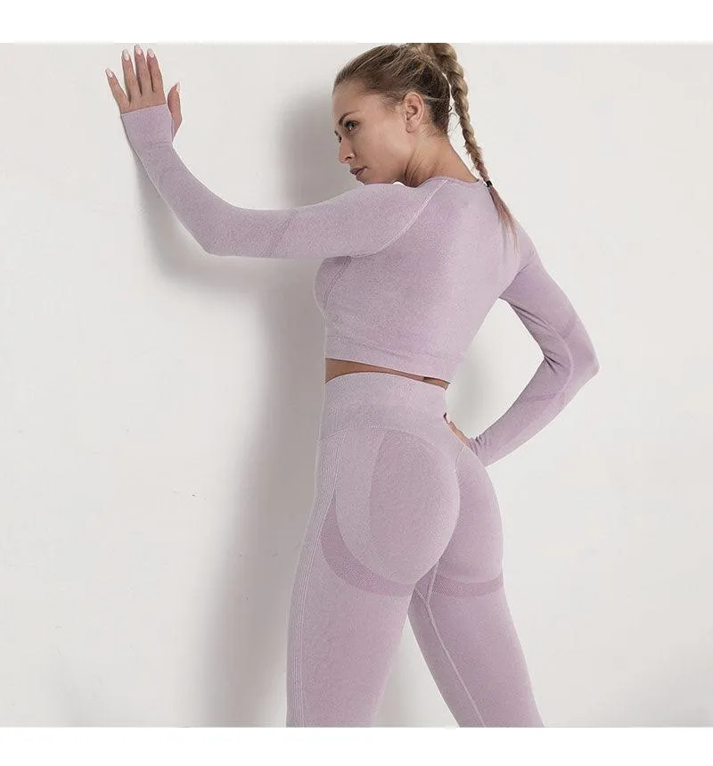 Seamless  Women Long Sleeve Crop Top High Waist Leggings  Bra Yoga Sets