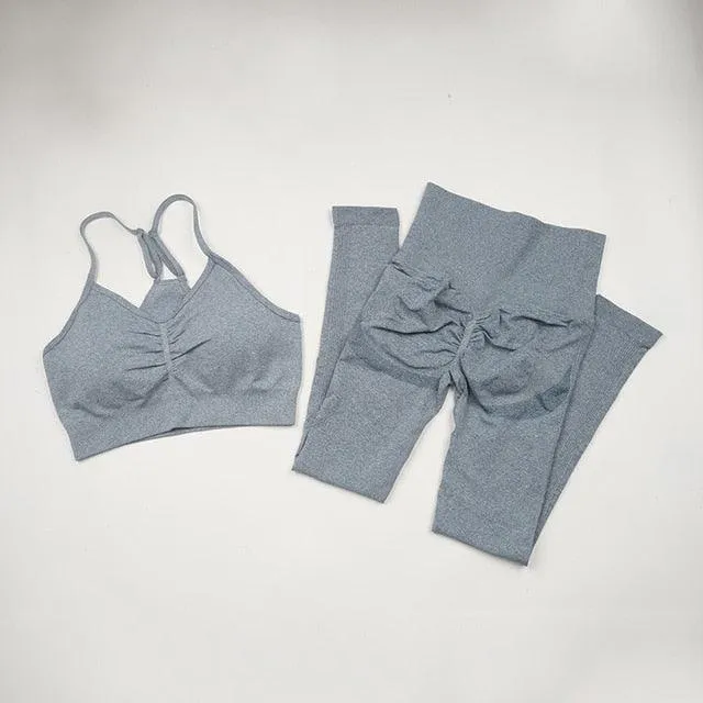 Seamless  Women Long Sleeve Crop Top High Waist Leggings  Bra Yoga Sets