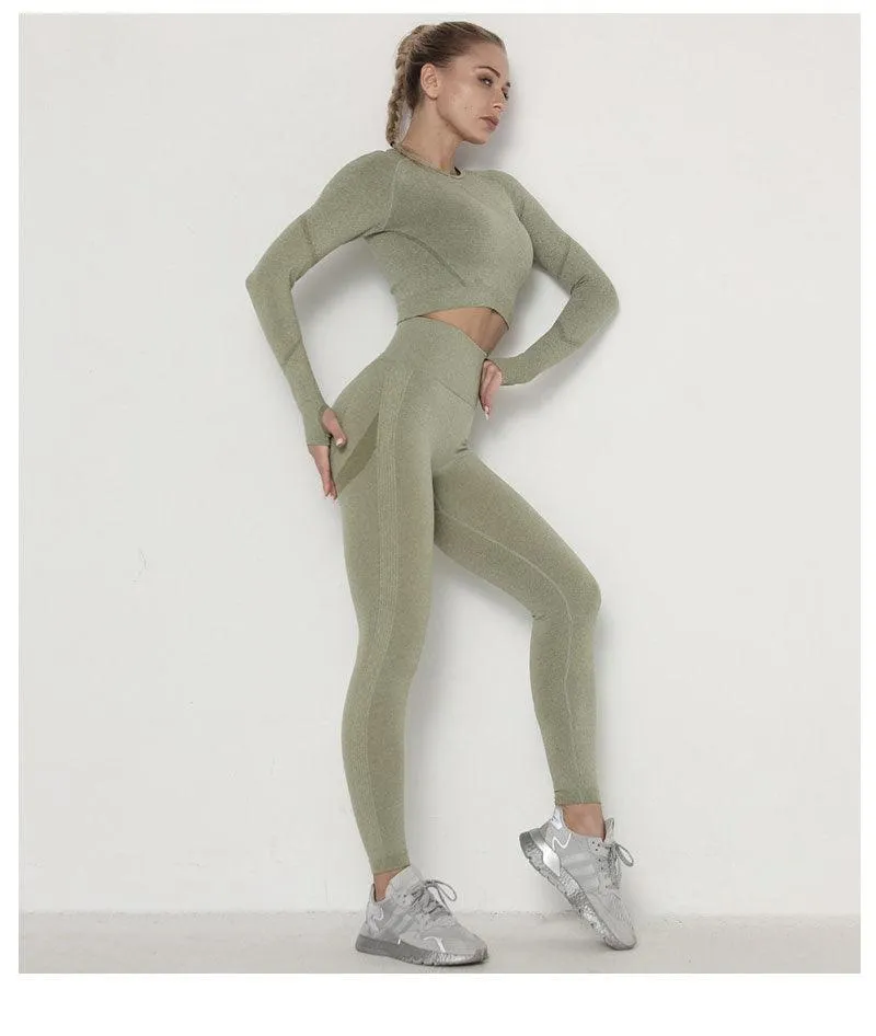 Seamless  Women Long Sleeve Crop Top High Waist Leggings  Bra Yoga Sets