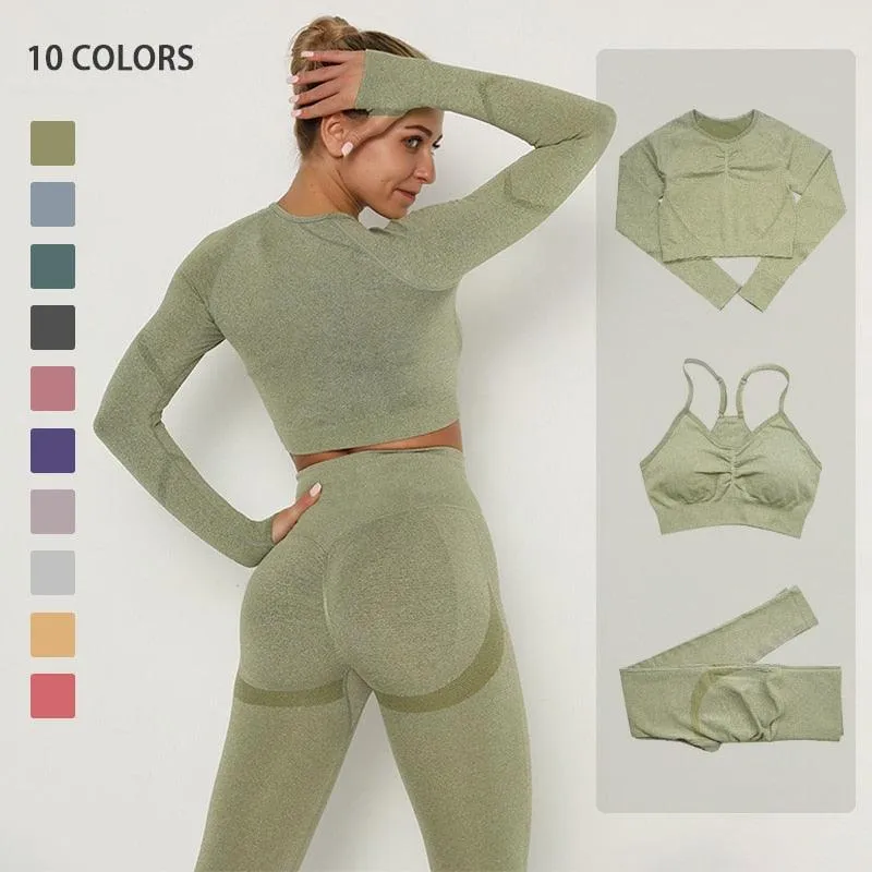 Seamless  Women Long Sleeve Crop Top High Waist Leggings  Bra Yoga Sets