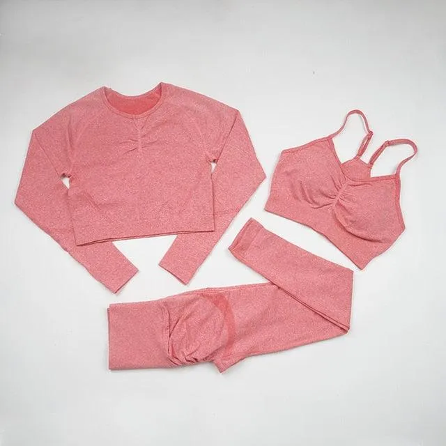 Seamless  Women Long Sleeve Crop Top High Waist Leggings  Bra Yoga Sets