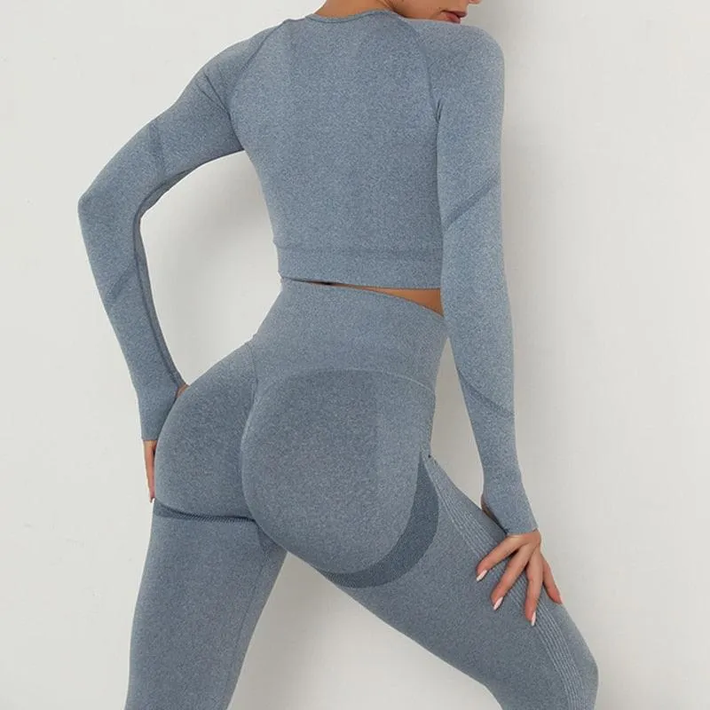 Seamless  Women Long Sleeve Crop Top High Waist Leggings  Bra Yoga Sets