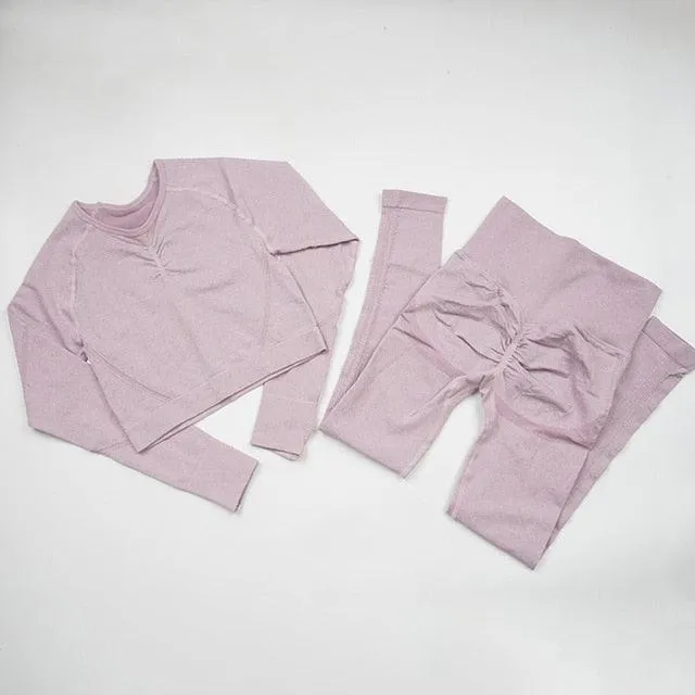 Seamless  Women Long Sleeve Crop Top High Waist Leggings  Bra Yoga Sets