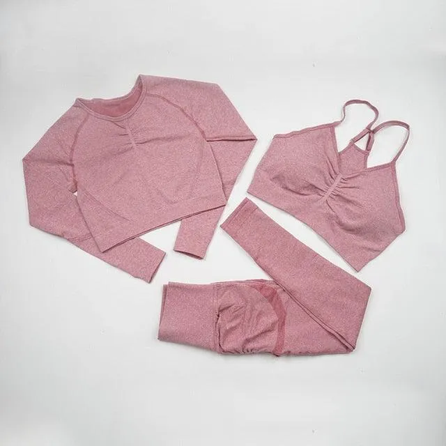 Seamless  Women Long Sleeve Crop Top High Waist Leggings  Bra Yoga Sets