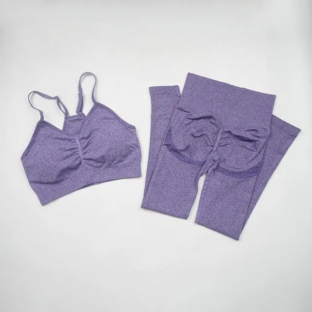 Seamless  Women Long Sleeve Crop Top High Waist Leggings  Bra Yoga Sets