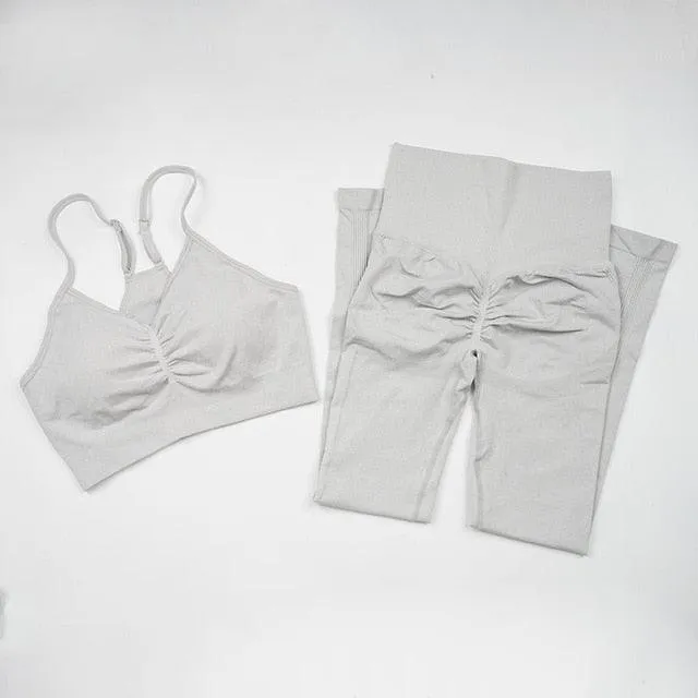 Seamless  Women Long Sleeve Crop Top High Waist Leggings  Bra Yoga Sets